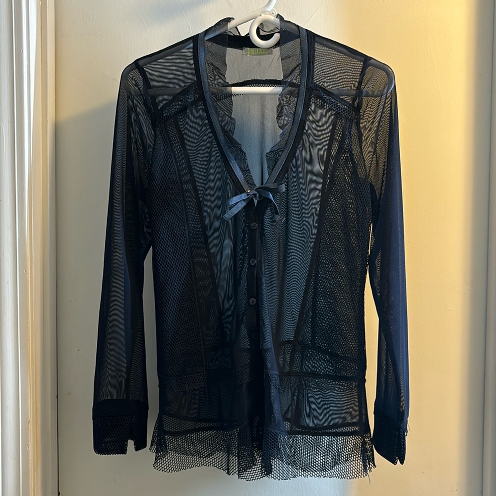Dolcezza navy blue see thru button down vneck  shirt size small.